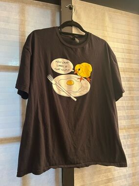 Gildan Black Short Sleeve Tee with Yellow Chick & White Egg Cartoon
